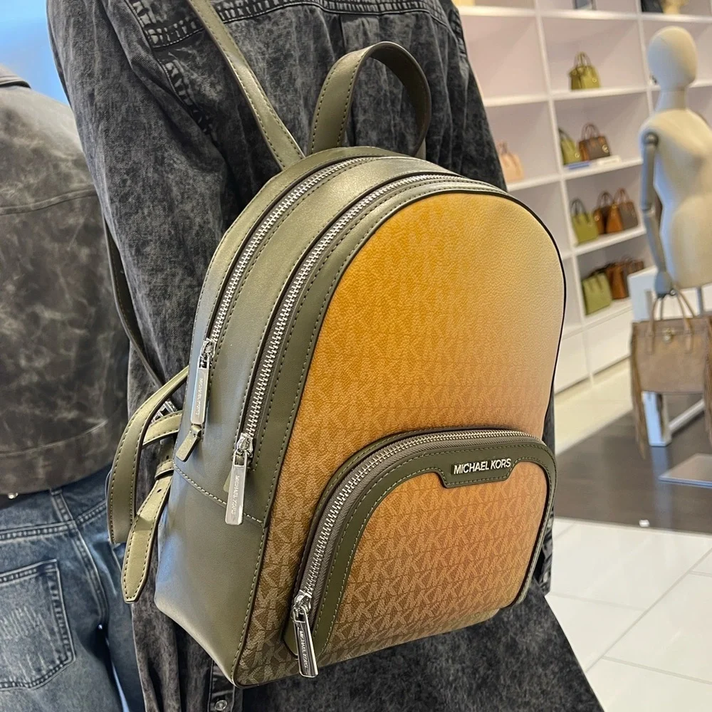 MICHAEL KORS Jaycee Medium Ombré Signature Logo Backpack Olive Combo NWT